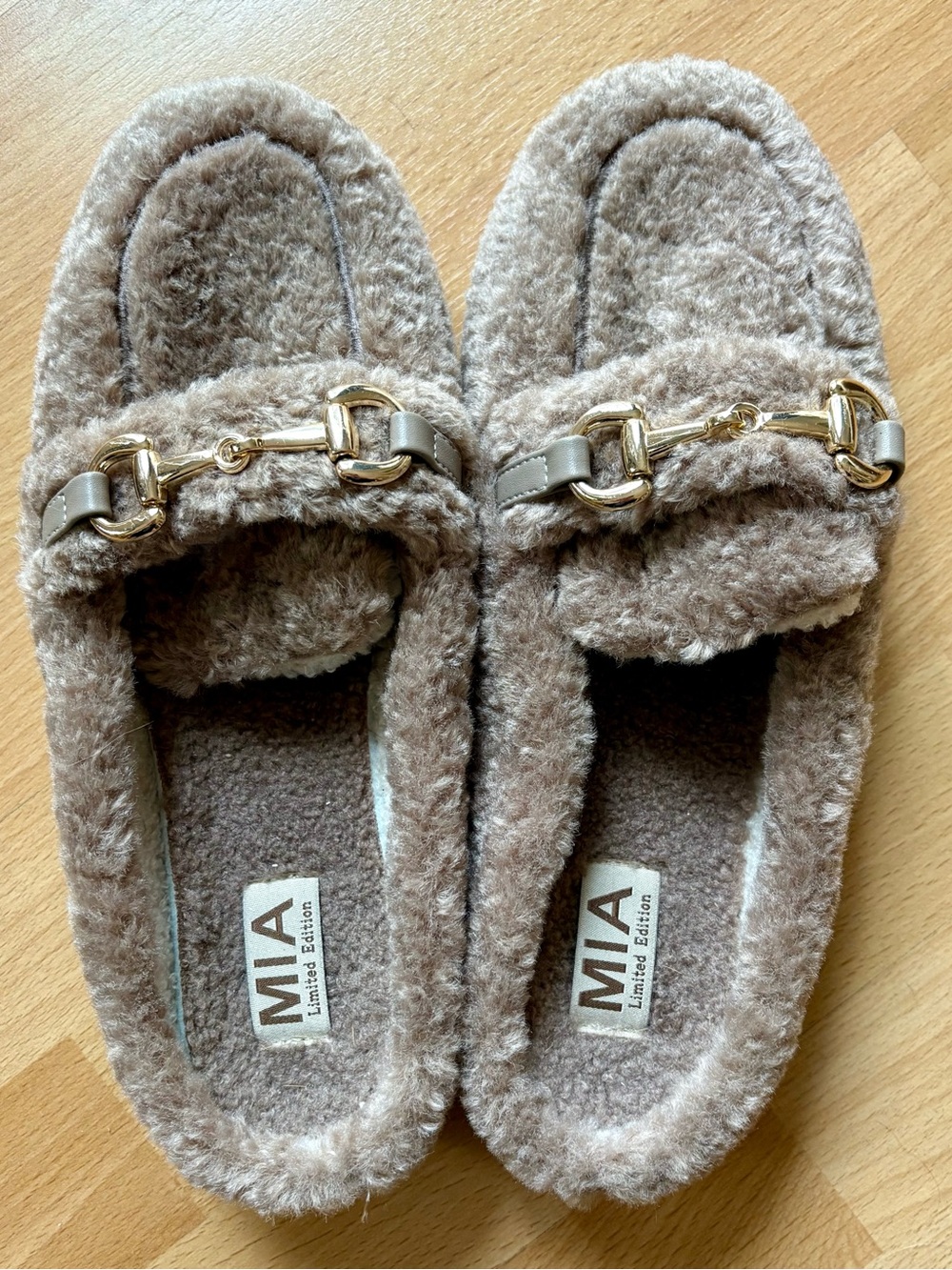 MIA Taupe Faux-Shearling Mule Slippers with Gold Bit